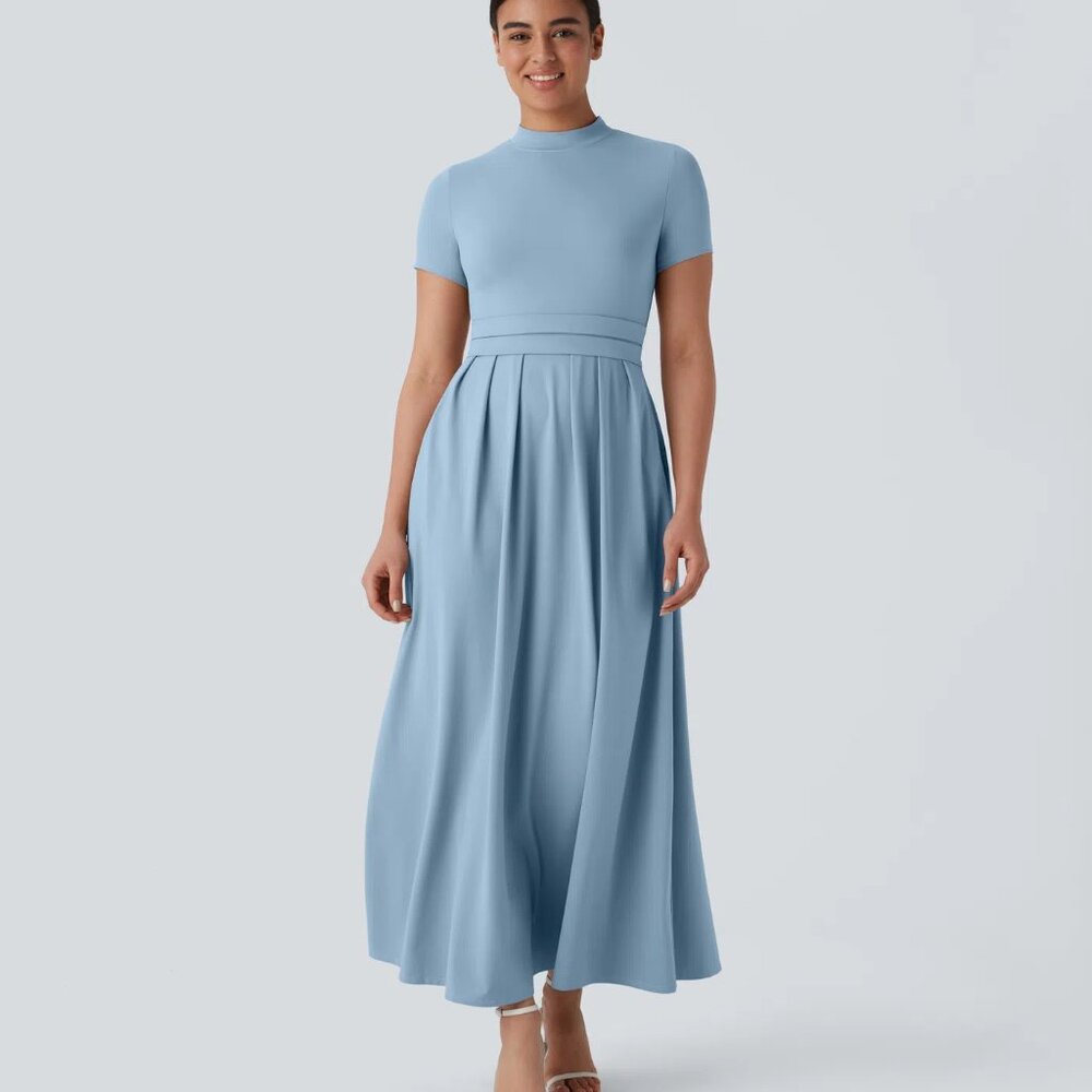 NWOT Halara Stand Collar Short Sleeve Pocket Flare Maxi Casual Dress